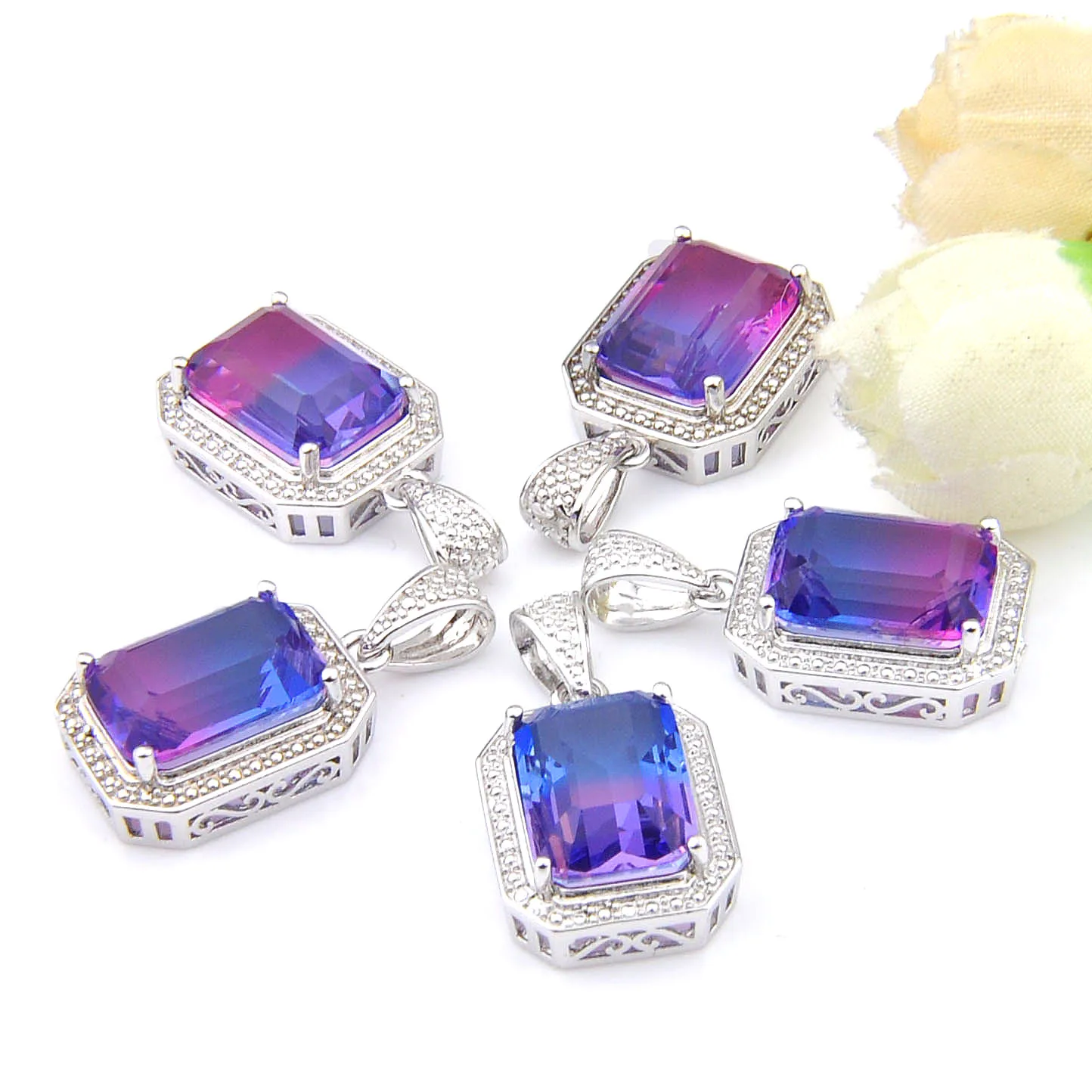 MIX 5 PCS Xmas Gifts Big Offer Shine Square Purple Bi-Colored Tourmaline Silver Necklaces Pendants for Holiday Party Gifts