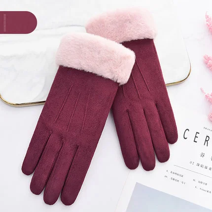 2 burgundy Женские зимние замшевые теплые кашемировые три ребра перчатки варежки двойные толстые плюшевые наручные женские перчатки для вождения с сенсорным экраном - Цвет: 2 burgundy