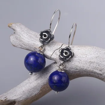 

S925 silver style plum blossom Earrings national style Thai silver inlaid lapis lazuli flower lady Ear Hook Earrings