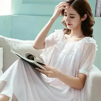 

Ladies Summer Cute Sweet Sleepwear Princess Style Casual Home Service Round Neck Lace Short Sleeve Solid Color Cotton Nightdress