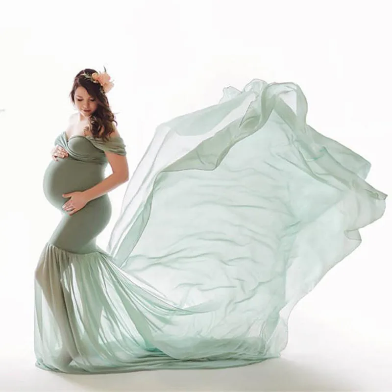 

Maternity Photography Props Pregnancy Clothes Cotton+Chiffon Maternity Off Shoulder Gown Shooting Photo Pregnant Dress