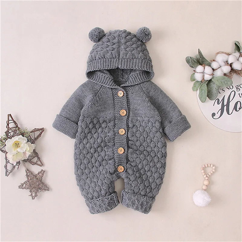 Одежда для маленьких мальчиков и девочек; коллекция года; зимний комбинезон с капюшоном для новорожденных; вязаный хлопковый костюм; комбинезон для новорожденных; Детский костюм; ползунки