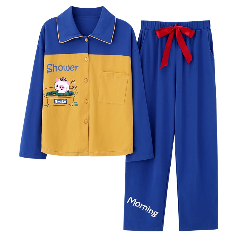 Больше Размеры Демисезонный свободные пижамы Для женщин и девочек комплект домашней одежды с длинными рукавами и штаны с эластичной резинкой на талии, хлопковые пижамы, одежда для отдыха - Цвет: 132