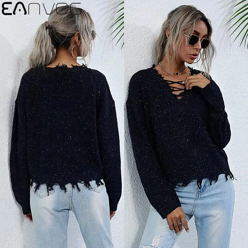 

Long Sleeve oversize Women Sweater Broken Edge V-Neck Hooded sweater Pullover Winter Female Soft Long Knitted Sweaters Jumper