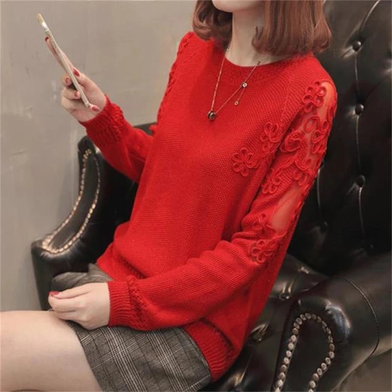 Female autumn and winter long-sleeved hollow round neck lace embroidered sweater bottoming shirt loose sweater