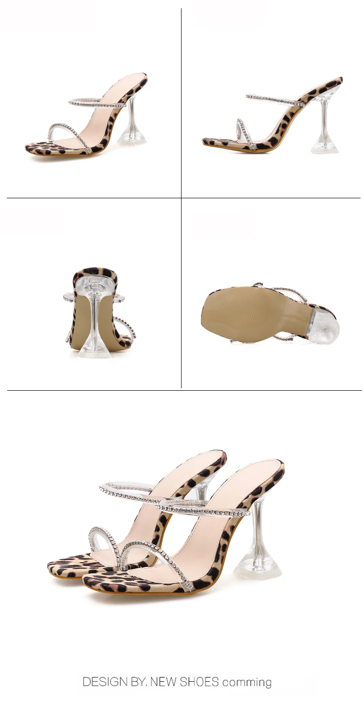 Aneikeh/Новинка; Модные женские босоножки со стразами на каблуке с леопардовым принтом; Классические босоножки на тонком высоком каблуке с открытым носком без застежки; слинбэки