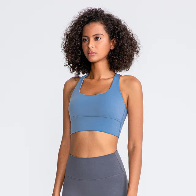Lulu High Quality Fitness Bra Women Gym Tank Top Butter Soft  Cross Back Yoga Vest Athletic High Impact Brassiere With Chest Pad Water mist orchid