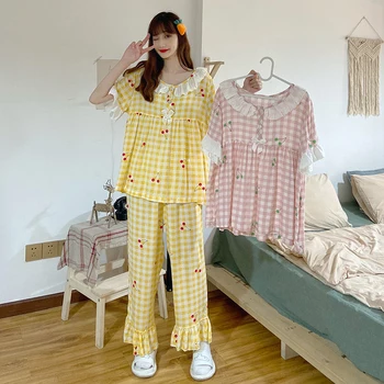 

Autumn and winter new Korean chic sweet cherry printed Plaid pajamas and pajamas two piece set for women's casual home wear