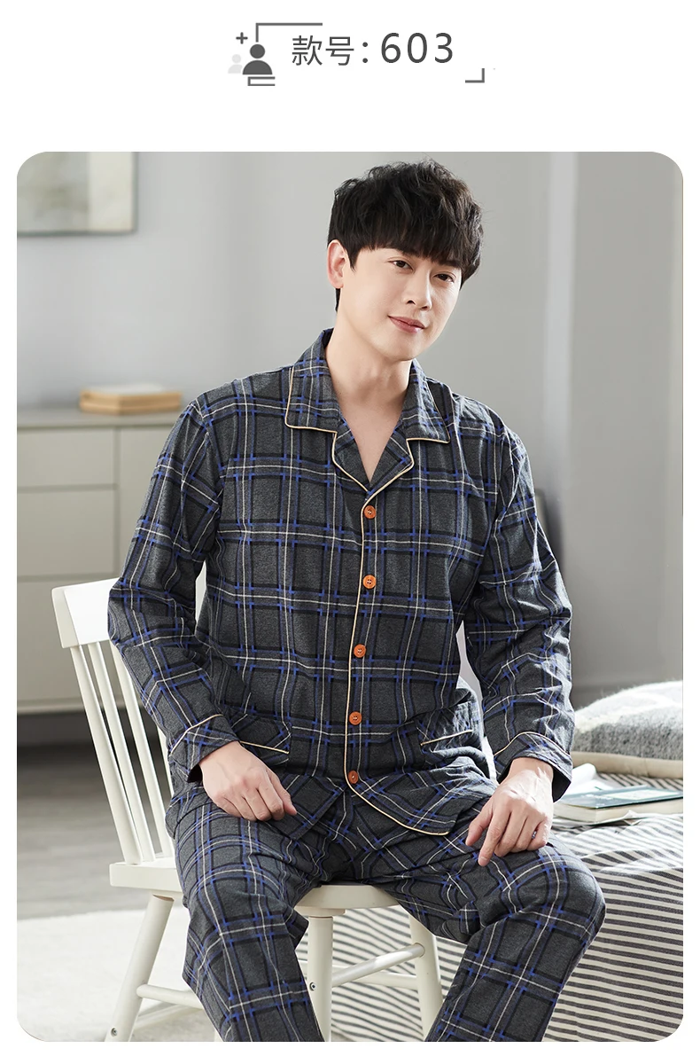 Men Pyjama Set Full Cotton Spring Long Sleeve Print Men Pajama Suit Autumn Nightwear Collar Pijama Male Sleepwear Two Piece 4XL mens cotton pyjamas