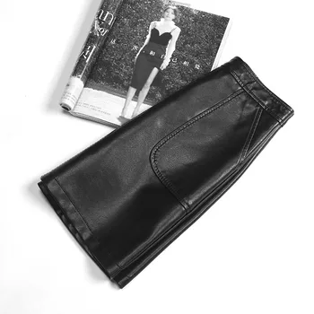 

New Leather Black Short Skirt Slim Winter Warm Elegant Tight Short Straight Skirt Knee Length Saia Cintura Alta Coat JJ60DQ