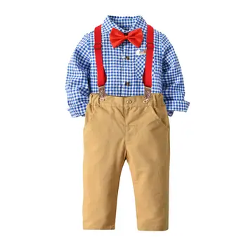 

Gentleman toddler kid boy formal clothes suit 3Pcs bow tie + long sleeve plaid shirt + bib pants fashion outdoor boy suit