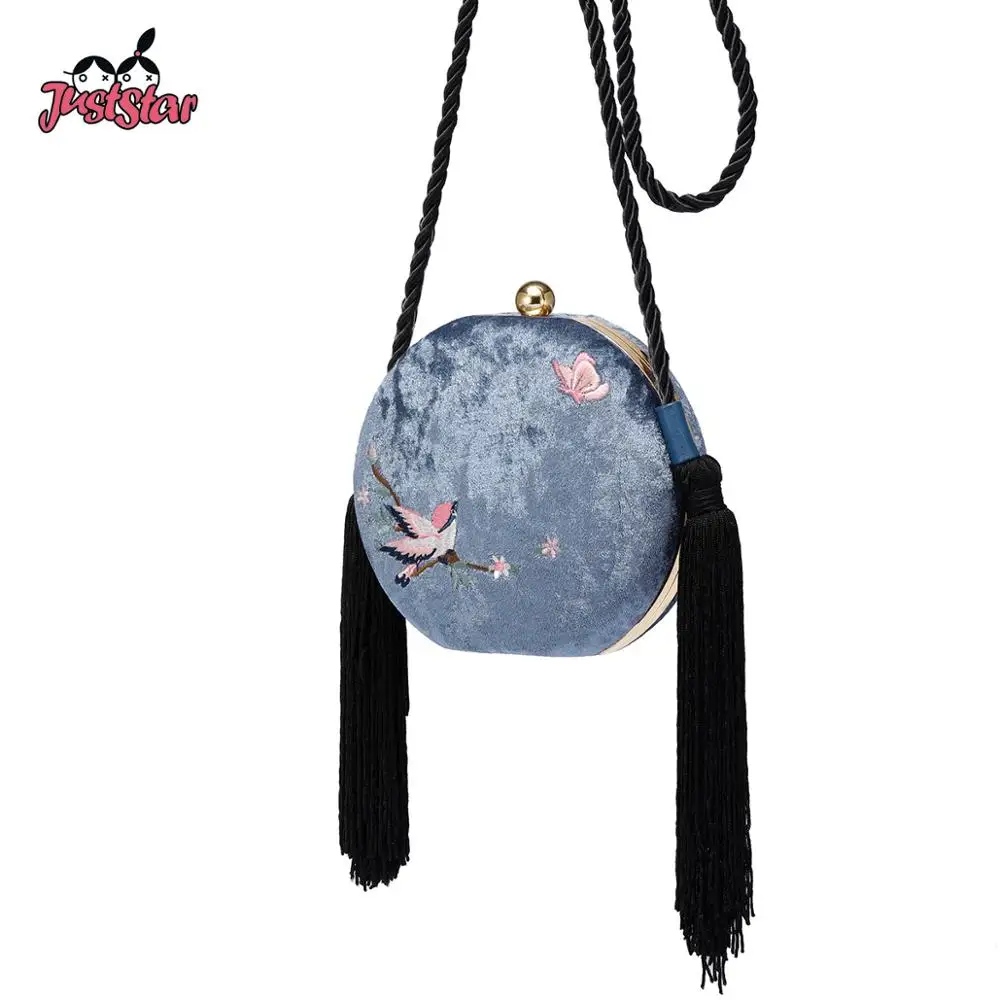 

JUST STAR Brand PU Leather Messenger Purse Chinese Style Embroidery Tassel Women's Crossbody Bags