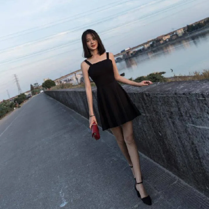 

Hepburn Black Dress 2020 Summer Formal Dress Retro French-Waist Hugging Black And White with Pattern Immortal Dress Strapped Dre