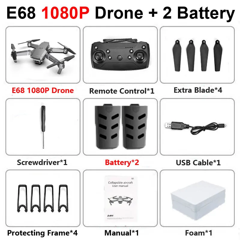 E68 WiFi FPV складной Профессиональный Дрон с камерой 4K оптический поток широкоугольный воздушный видео RC Квадрокоптер самолет Квадрокоптер - Цвет: E68 1080P 2B Foam