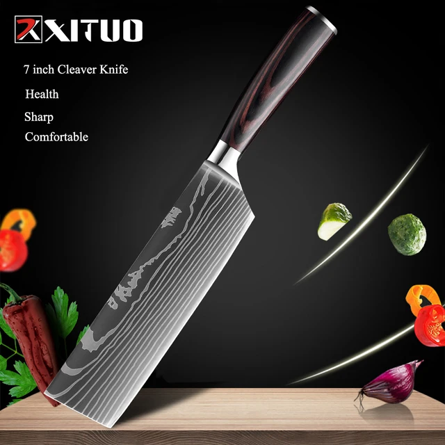 XITUO Chef knife 1-10 Pcs Set Kitchen Knives Laser Damascus Pattern Sharp Japanese Santoku Knife Cleaver Slicing Utility Knife 7 in Cleaver