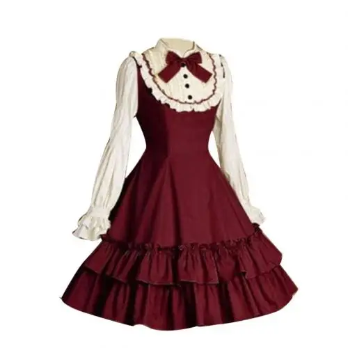 Wine Red Женские вечерние платья в стиле Лолиты с длинными рукавами и бантиком; Карнавальный костюм для Хэллоуина; вечерние платья - Цвет: Wine Red