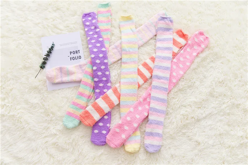 

2019 new ladies autumn and winter card through knee socks thick coral fleece warm striped socks long tube sleep socks