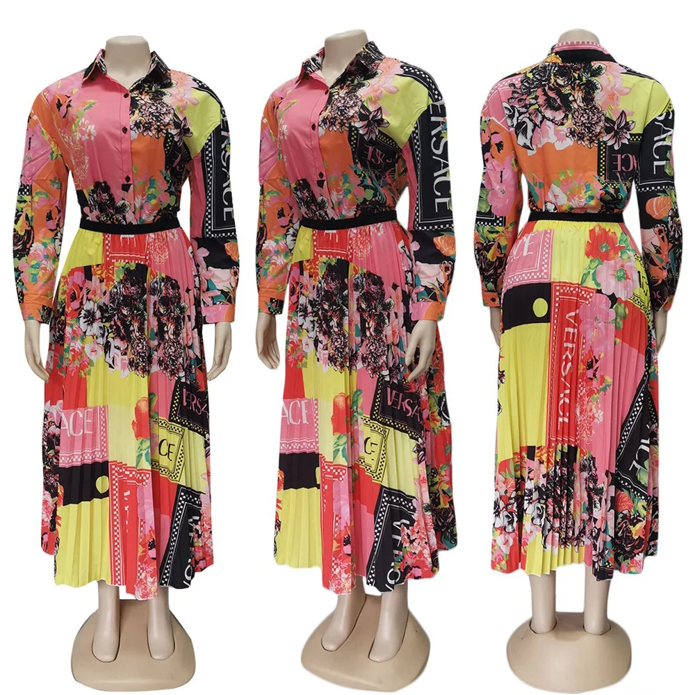 Костюм платье африканская красочная печать с длинным рукавом однобортный рубашка из двух частей юбка Повседневный Женский костюм плиссированные платья