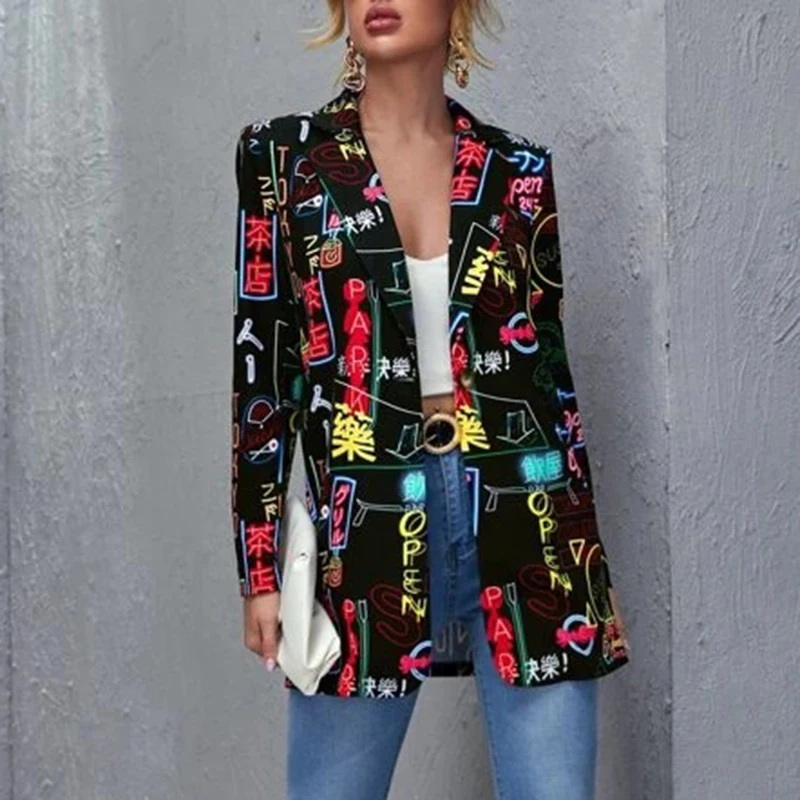 Vintage Brief Unregelmäßigen Druck Blazer Frauen Jacke High Street Fashion Herbst 2021 Plus Größe Elegante Dame Mantel Amerikanischen Stilvolle