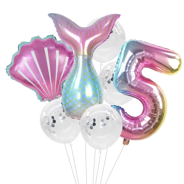Little Mermaid Party Balloons 32inch Number Foil Balloon Kids Birthday Party Decoration Supplies Baby Shower Decor Helium Globos 7pcs number5 set