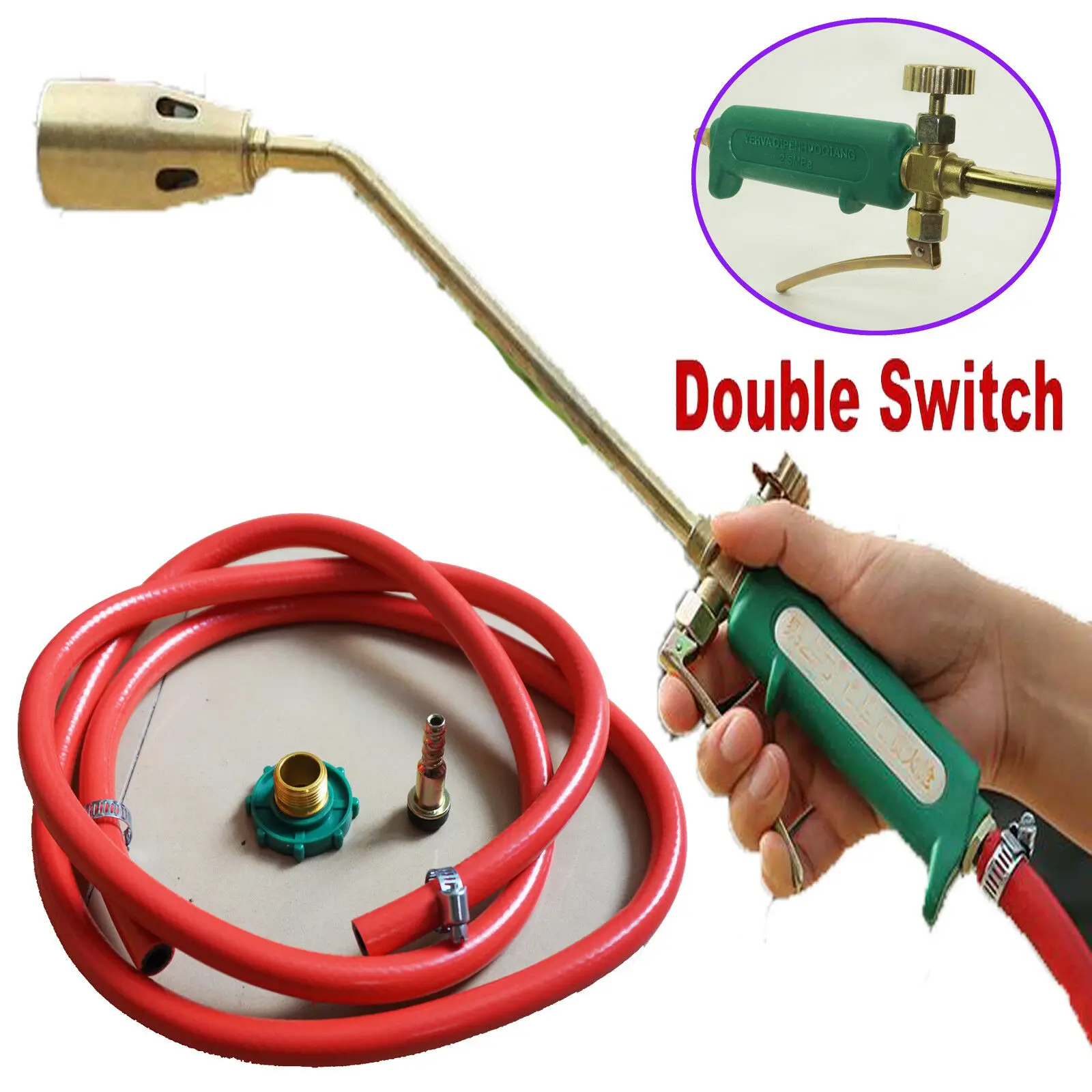 Two Switch Propane Weed Burner Torch Weed Killer Gas Piezo Fire Lighter & Hose 