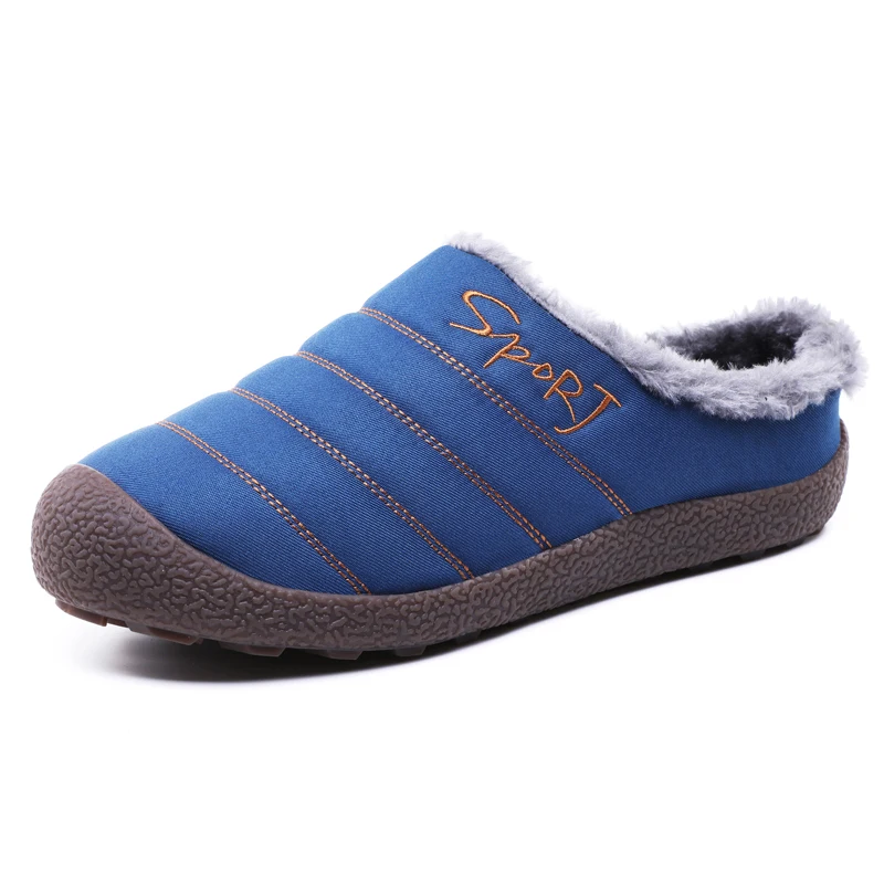 Winter Outdoor Man Slippers House Cotton Shoes Fleece Warm Anti-skid Man Slippers Plus Size High Quality Zapatos De Hombre - Цвет: Синий