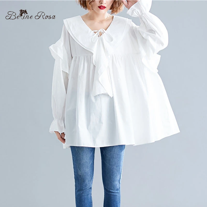 

BelineRosa Elegant Ladies Princess Sweet Style White Color Blouse Plus Size Ruffled Collar Lantern Sleeve Women Tops FHWY0001