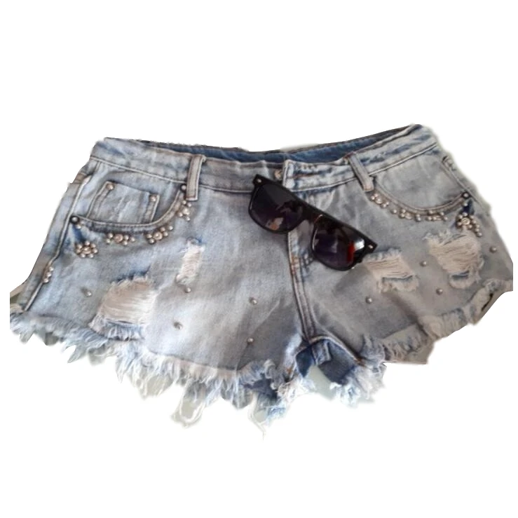 Summer Beaded Denim Shorts Female Vintage Women Jeans Tassel High Quality Wash DF962 | Женская одежда