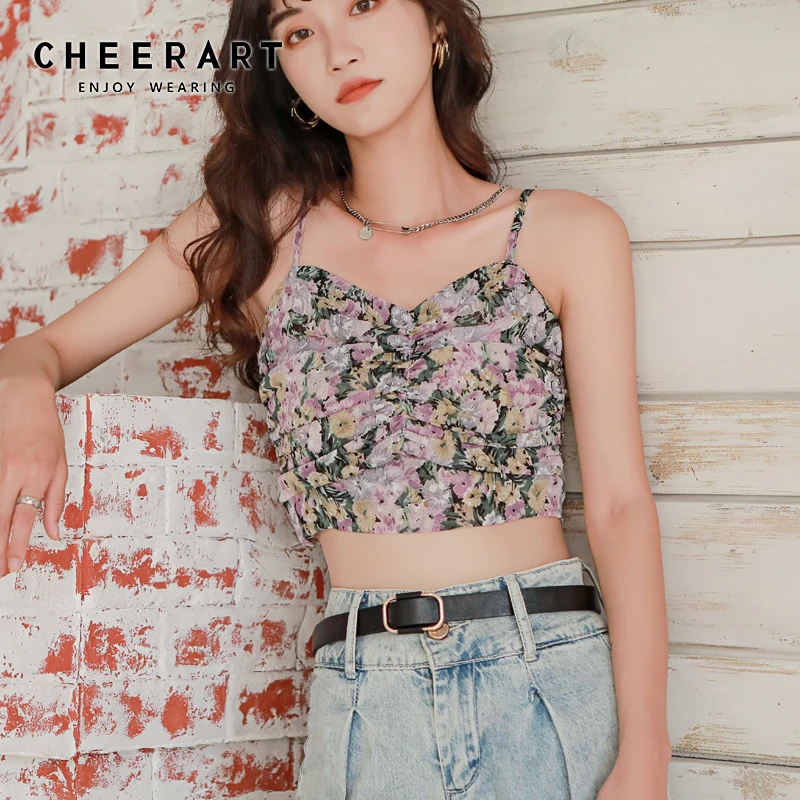 Женский укороченный топ на бретельках CHEERART корейский с v-образным вырезом и