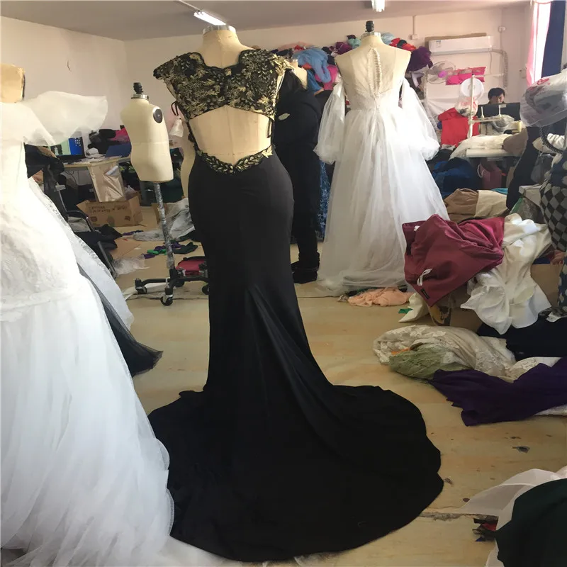 Dressv v образным вырезом Черное вечернее платье с аппликацией Русалка со шлейфом без спинки крылышко рукава свадебное вечернее платье es