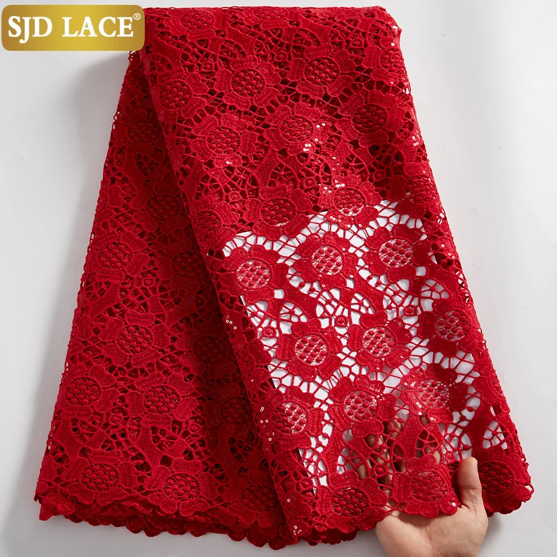 

SJD LACE African Lace Fabric Red Water Soluble Milk Silk Guipure Cord Laces Embroidery Sequins Mesh For Wedding Party Sew A2525