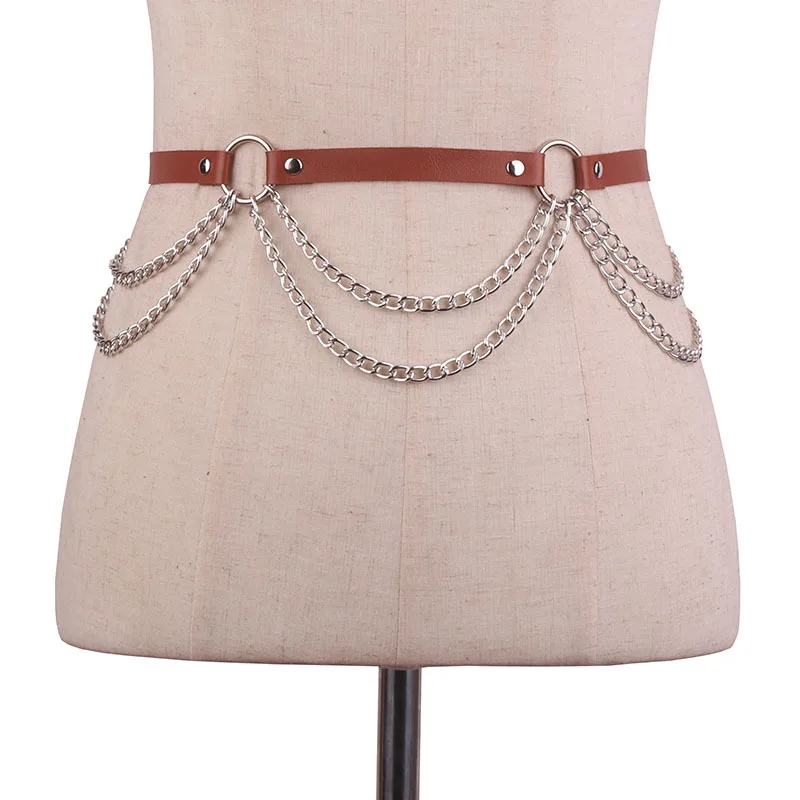 Sexy Suspenders Women Skirt Belt Female Pu Leather Hiphop Rock Nightclub Sexy Jeans Dress Heart Punk Belt With Metal Waist Chain