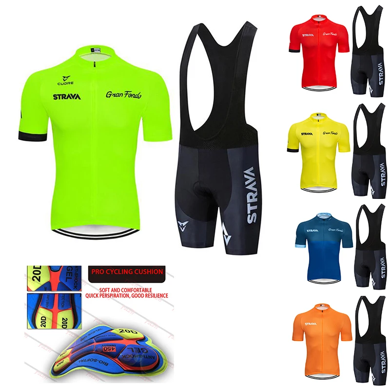 Verde fluorescente STRAVA ciclismo Jersey conjuntos rojo bicicleta shorts de ciclismo de manga larga ropa de bicicleta maillot bibers de Jersey de ciclismo