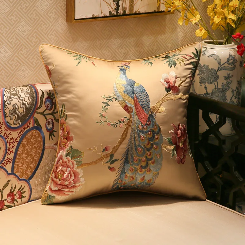 中国 刺繍 孔雀 デザイン クッションカバー 2枚セット