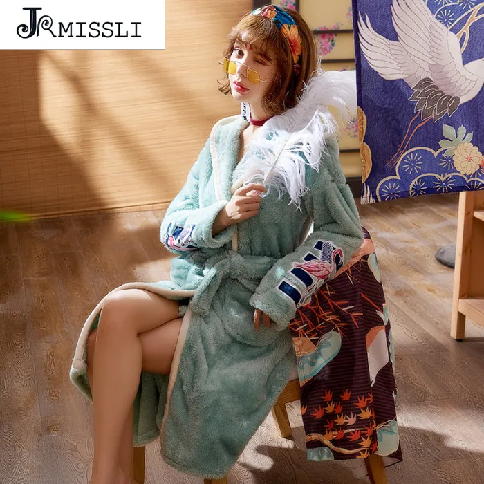 

JRMISSLI Winter Flannel bathrobe female robe kimono dressing gown Wear sleepwear Coral Fleece robes for women