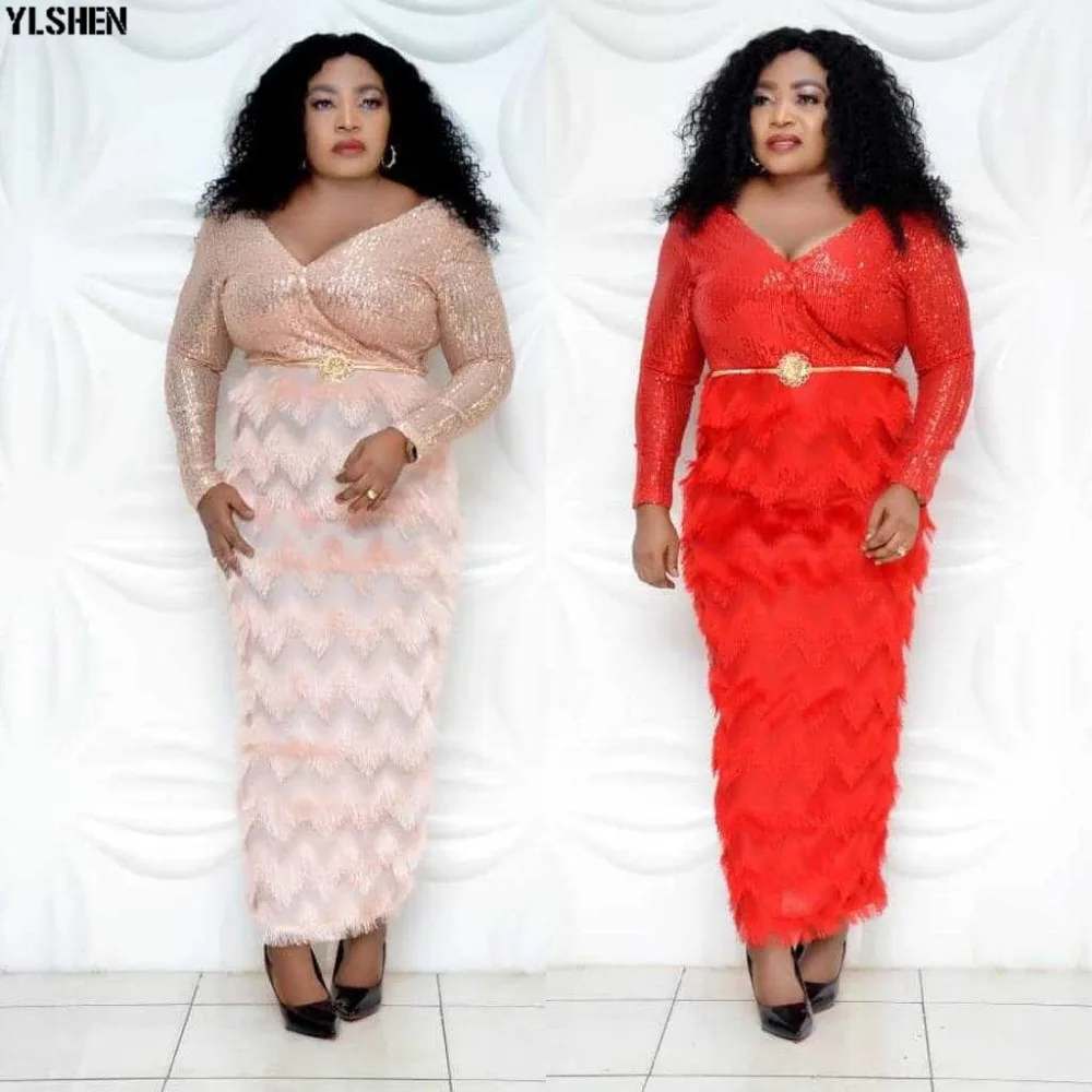 New African Dresses for Women Fashion Sequins Fur Fabric Bodycon Long Maxi Dress African Clothes Lady Elegant Paty Evening Robe 01