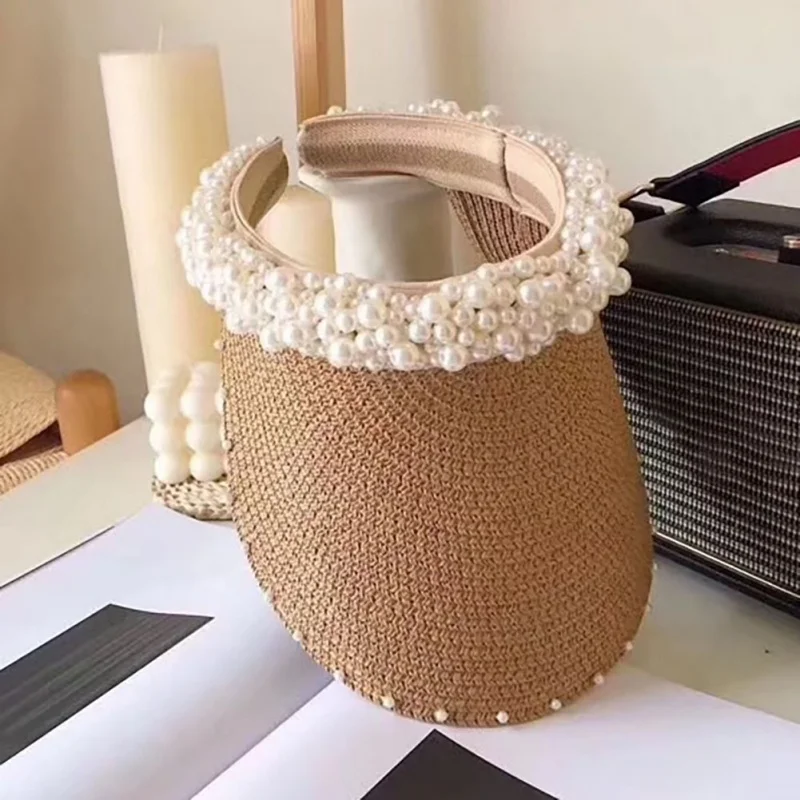 Летний женский обруч жемчужный головной убор Raffia Козырек Кепка s Для Девочек Пляжные Шляпы плетеная модная шапка женская летняя соломенная Солнцезащитная шляпа