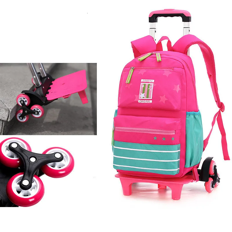 6 wheels rose red Waterproof Children Trolley School Bag 2/6 wheels Removable Backpack School bags Fashion Backpack Travel Bag Mochilas Escolares - Цвет: 6 wheels rose red