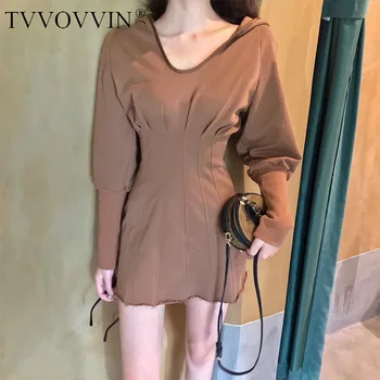 

TVVOVVIN Leisure Time Motion Style solid black Dress 2019 Early Autumn Self-cultivation Thin High Waist V Lead Dresses ZX238