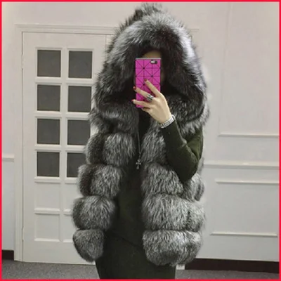 Меховые женские пальто из искусственного меха, длинные пальто из искусственного лисьего меха, большие размеры 3XL 4XL, зимние куртки без рукавов с капюшоном J184