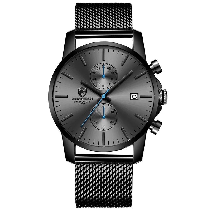 Men's Watch CHEETAH Luxury Brand Men Fashion Quartz Watches Full Steel Mesh Business Male Clock Chronograh Relogio Masculino - Цвет: S-Blue