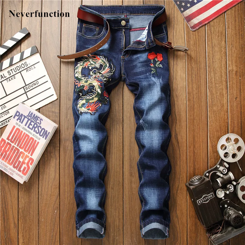 

Men streetwear Slim fit Dragon embroidery biker jeans fashion brand male Motorcycle Casual Cotton Joggers Denim Trousers