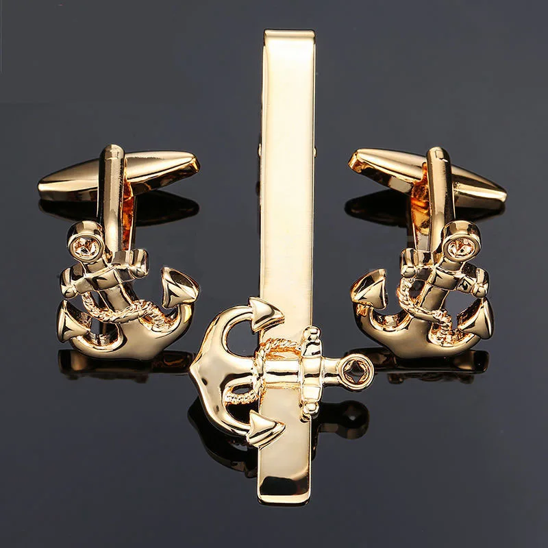 

French Cufflinks Sets High-quality Copper Material Fashion Men's Business Jewelry Gifts Golden Anchor Cuff Links Tie Clip Set