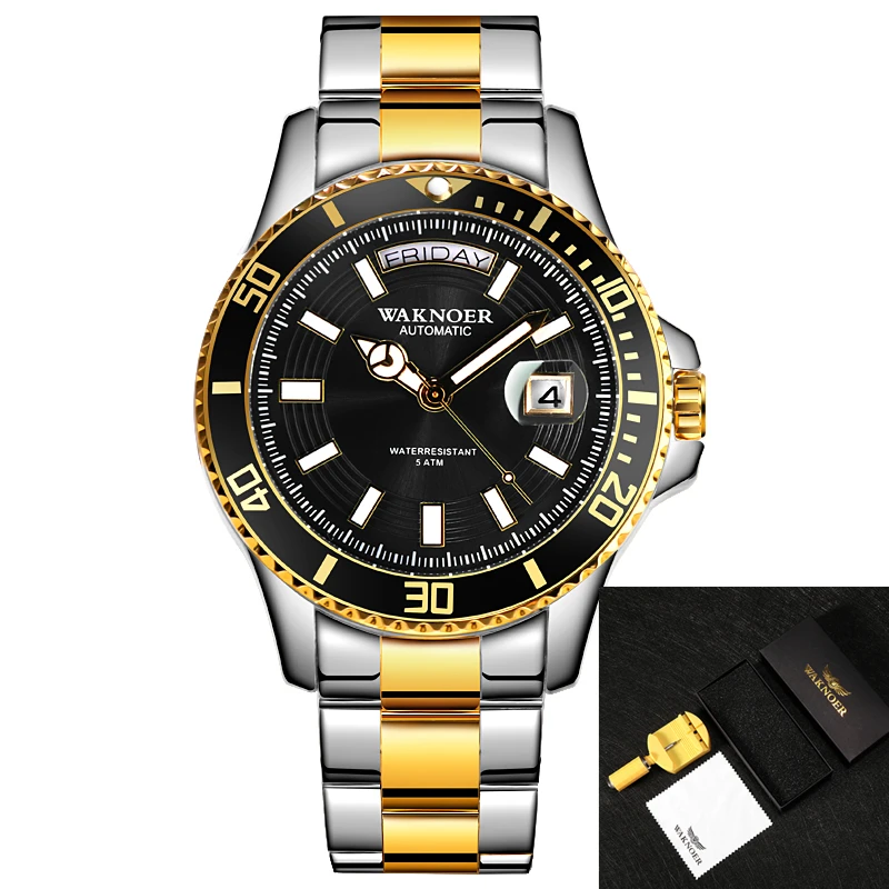 gold black WAKNOER Brand Luxury Men Automatic Watch Men Stainless Steel 50M Waterproof Business Sport Mechanical Wristwatch Male Date Clock - Цвет: gold black