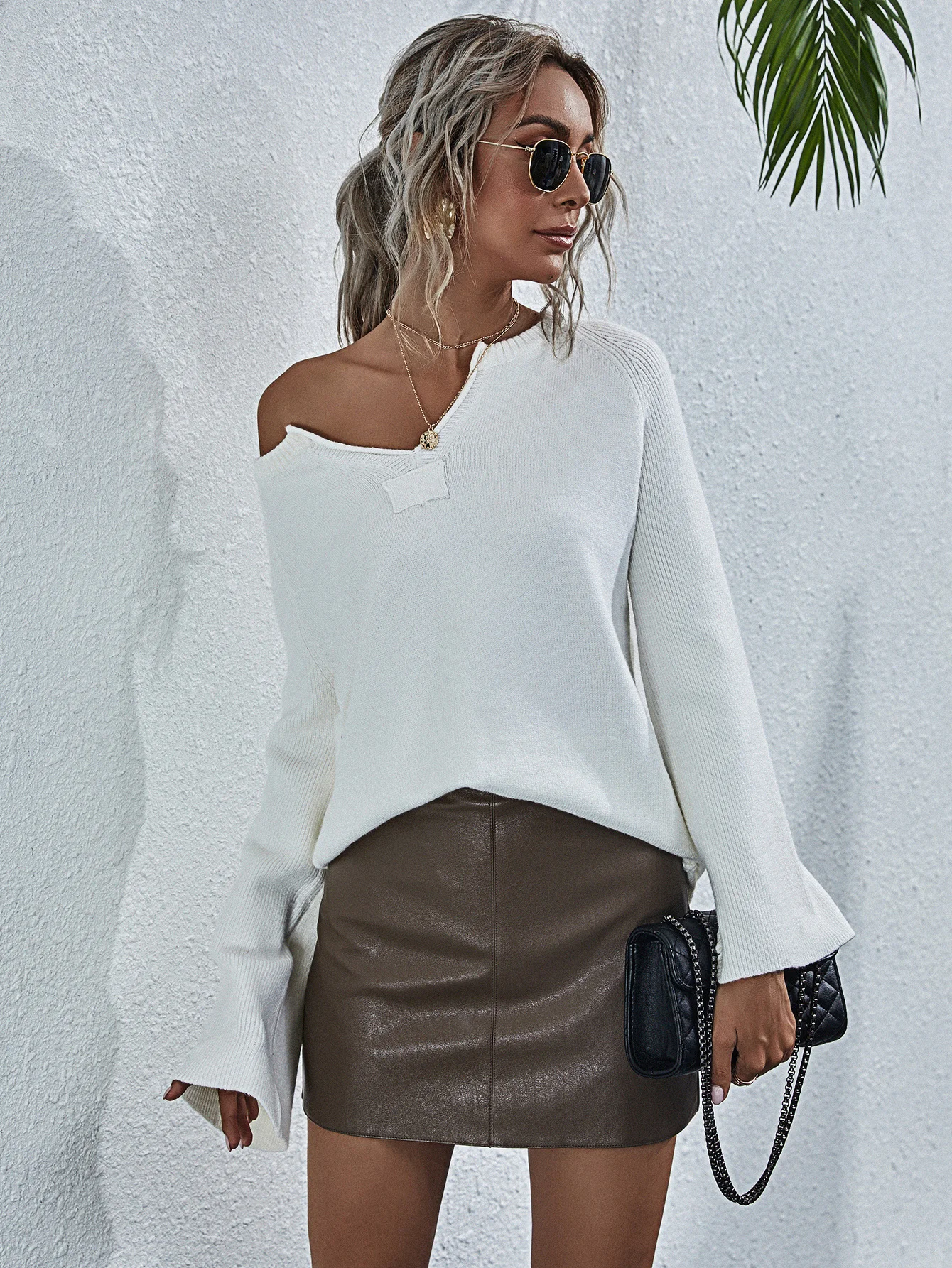 

H80&S90 New Women Sweater Autumn And Winter Knitted Flare Sleeve Pullover Ladies' Jumper V-Neck Fashion Solid Tops Blouse