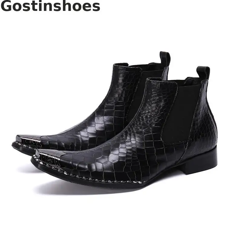 

Black Men Boots Genuine Leather Crocodile Pattern Printed Men Short Work Boots Metal Capped Toe Pointed Slip-on Ankle Boots Men