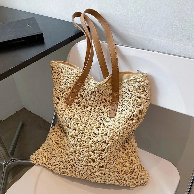 Straw Hollow Out Knitting Tote Bag Large Capacity Handmade