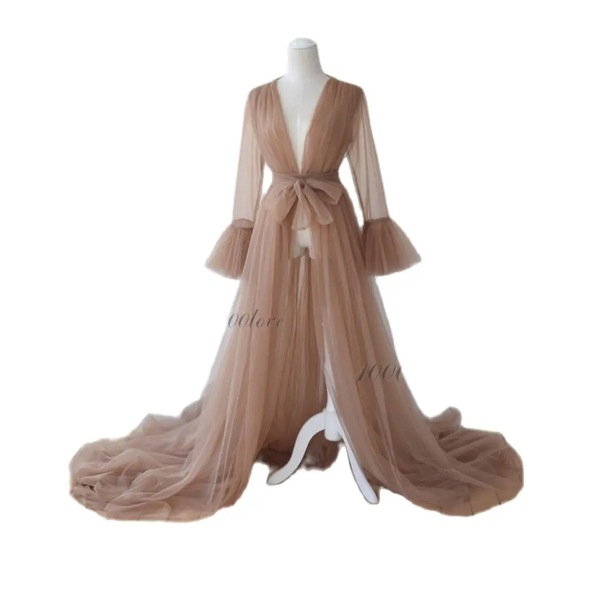 Brown Bridal Robe with Belt Tulle Long Sleeve Dressing Gown Wedding Bathrobes Women Boudoir Dress Sleepwear Nightgowns