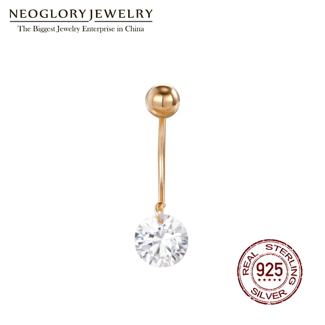 Кольцо Neoglory S925 Серебряное с Белым Круглым Цирконом для пупка женское пирсинг