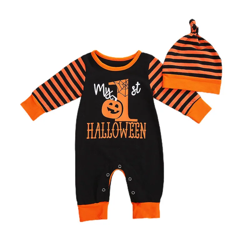 

2 Pcs Newborn Halloween Pumpkin Outfits, Infant Long Sleeve Round Neck Letter Print Romper with Striped Hat 0-24M Baby 2020